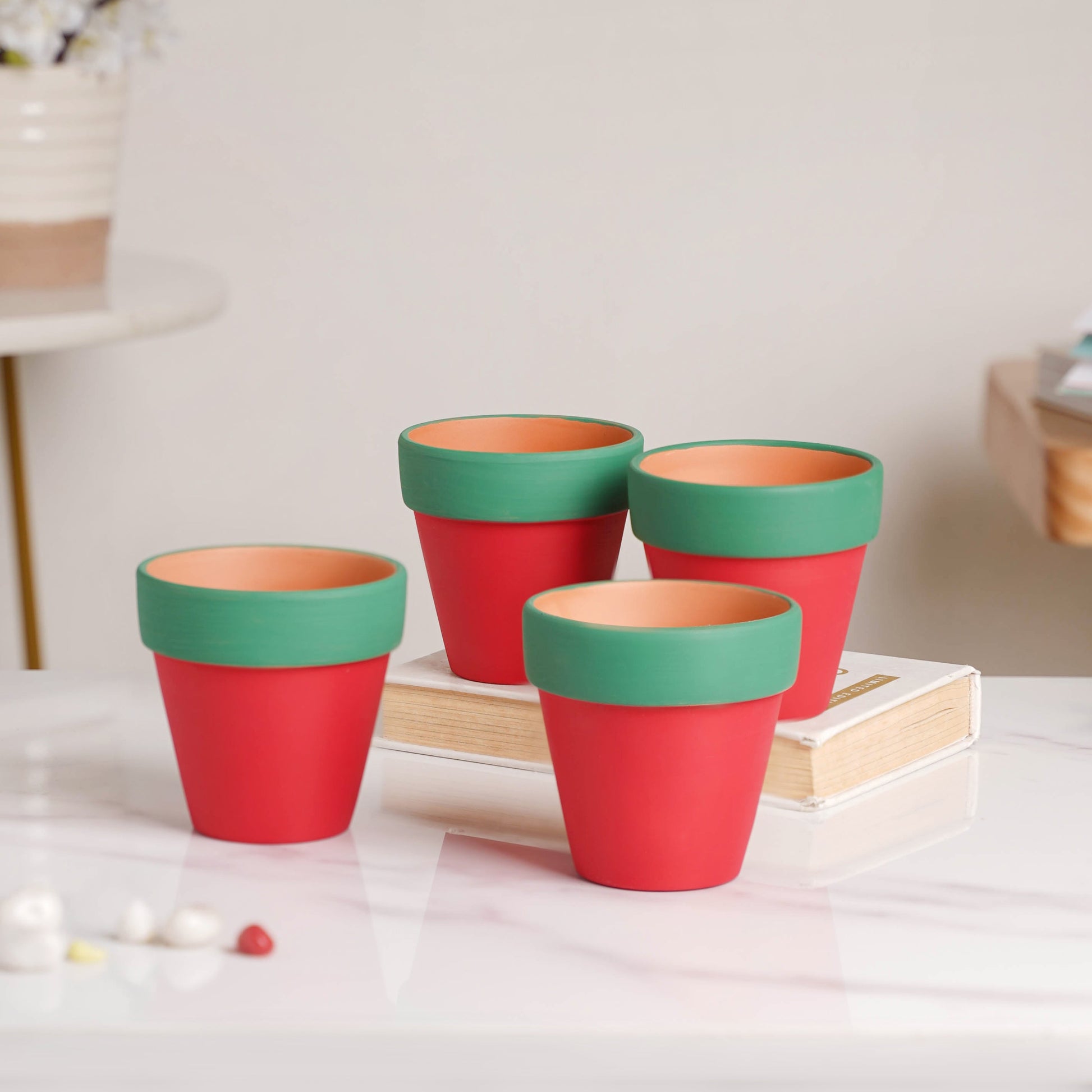 Green Rim Red Clay Pot Set Of 4