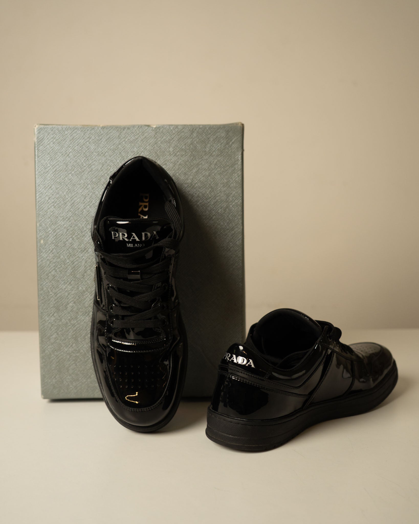 Prada Downtown Leather 'Black Patent' Sneakers