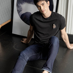 Rare Rabbit Men's Crown T Black Crew Neck Chest Embroidered Label Half Sleeves Slim Fit T-Shirt