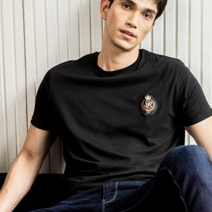 Rare Rabbit Men's Crown T Black Crew Neck Chest Embroidered Label Half Sleeves Slim Fit T-Shirt
