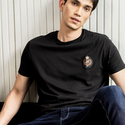 Rare Rabbit Men's Crown T Black Crew Neck Chest Embroidered Label Half Sleeves Slim Fit T-Shirt