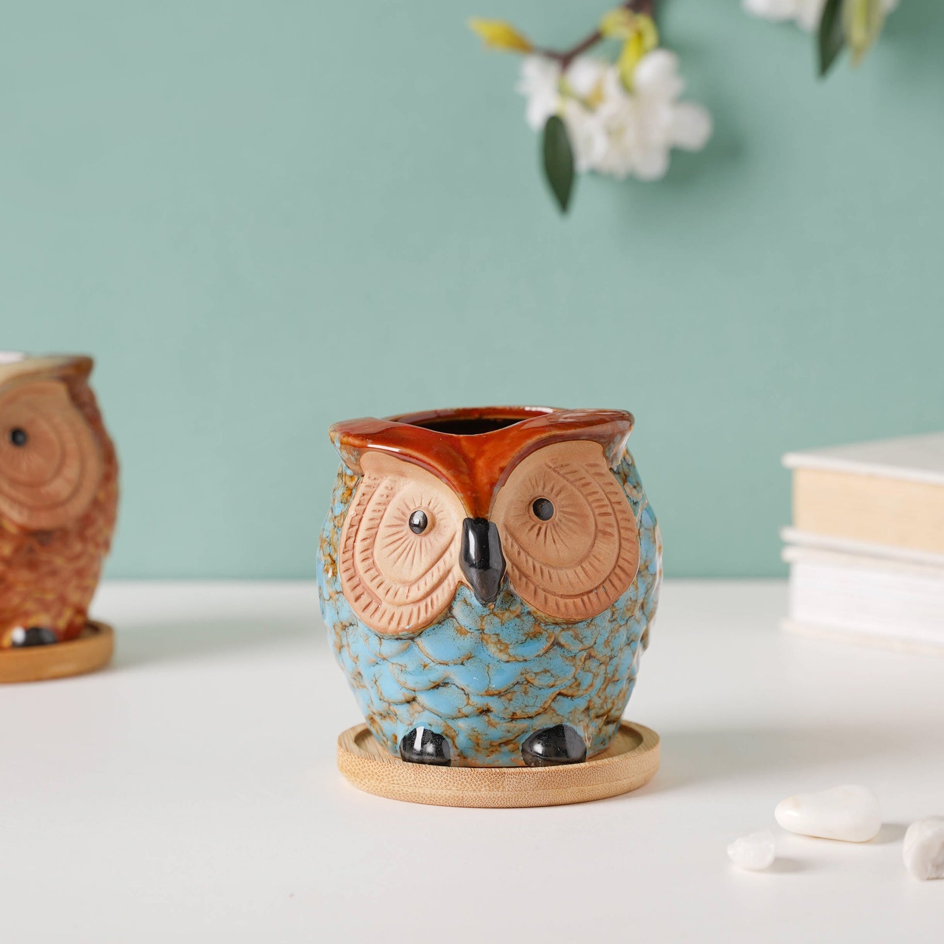 Seacrest Owl Blue Ceramic Planter With Wooden Coaster