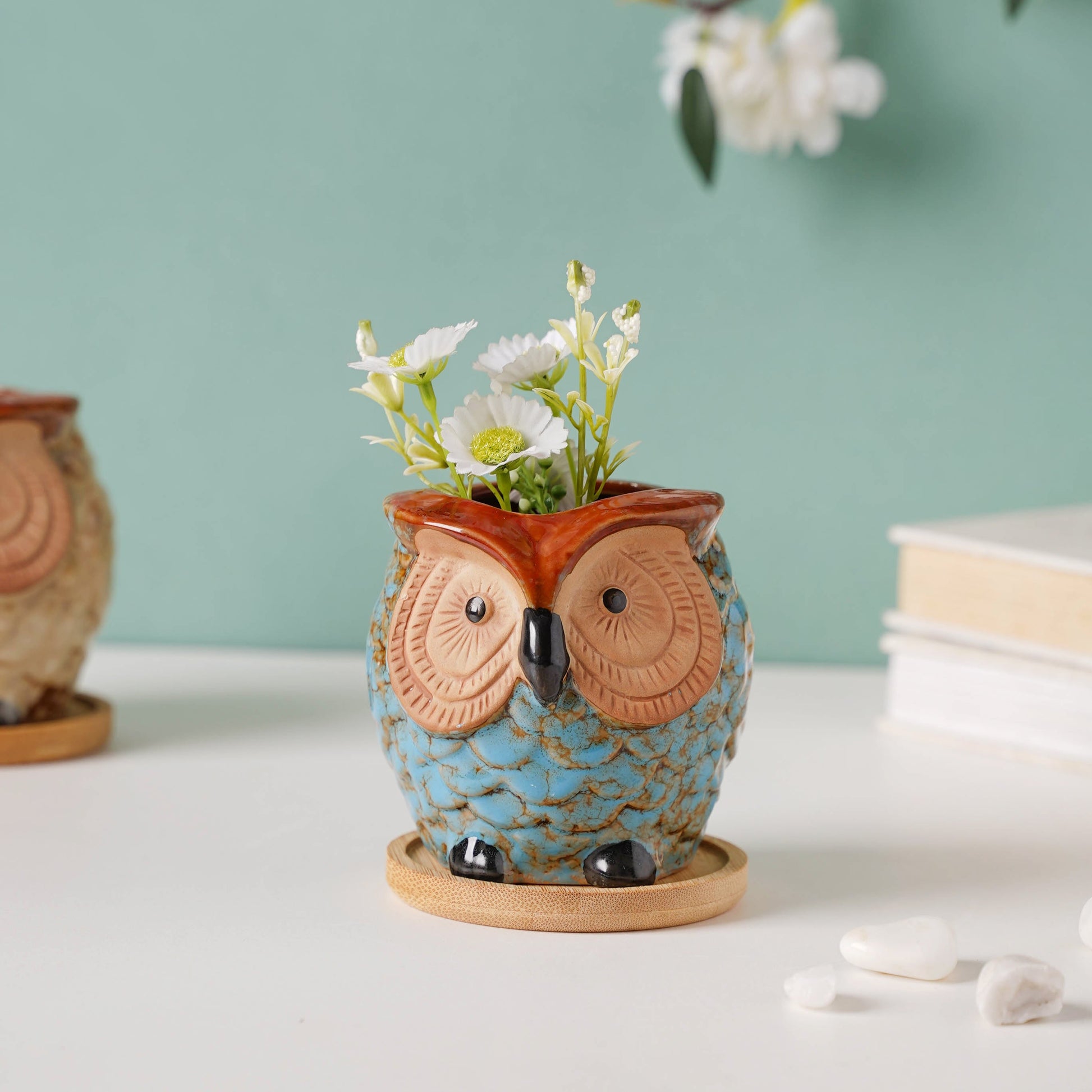 Seacrest Owl Blue Ceramic Planter With Wooden Coaster