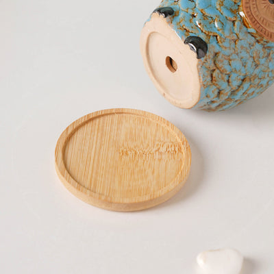 Seacrest Owl Blue Ceramic Planter With Wooden Coaster