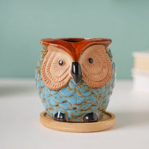 Seacrest Owl Blue Ceramic Planter With Wooden Coaster