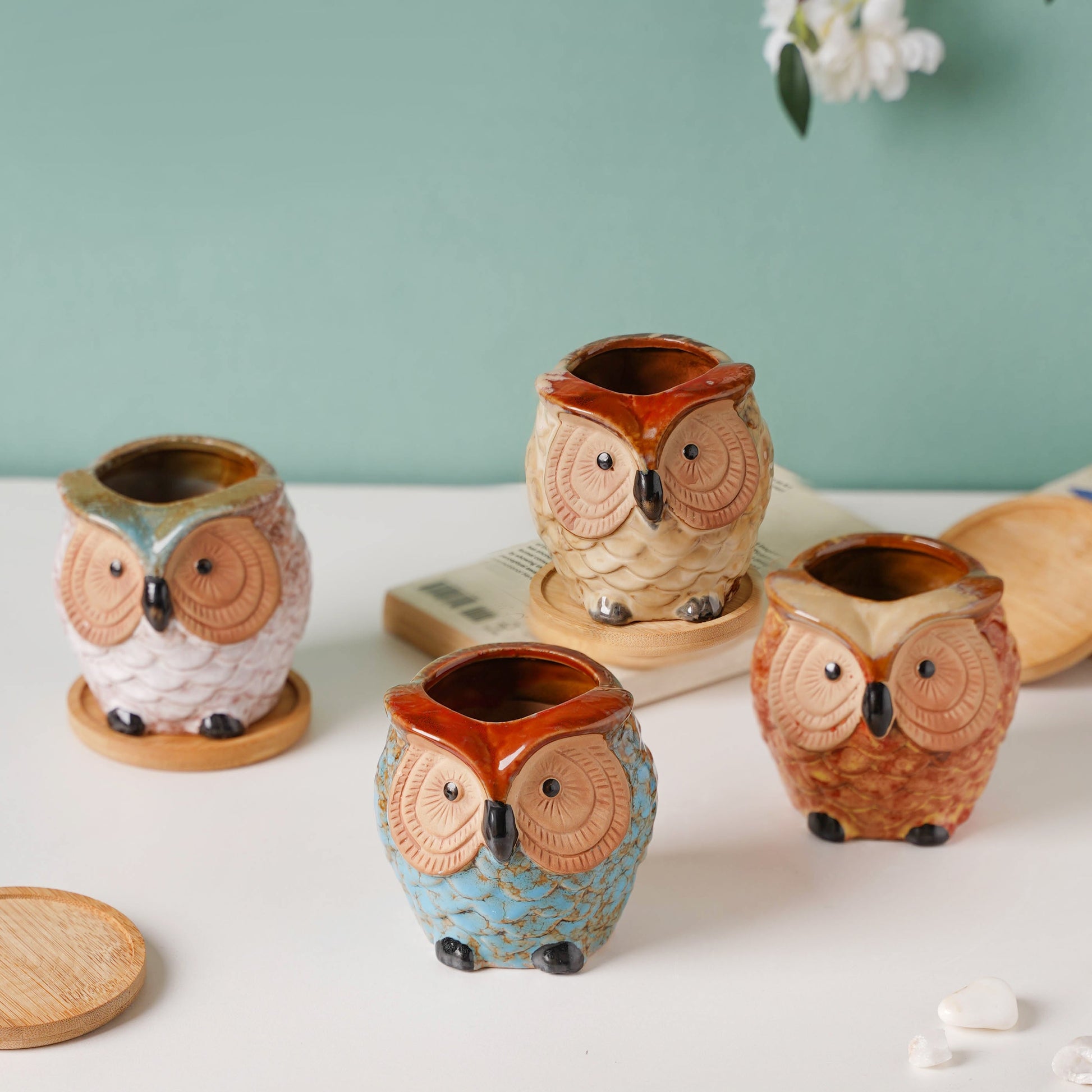 Seacrest Owl Blue Ceramic Planter With Wooden Coaster