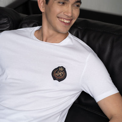 Rare Rabbit Men's Crown Solid White Crew Neck Chest Embroidered Label Branding Slim Fit T-Shirt