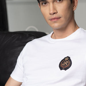 Rare Rabbit Men's Crown Solid White Crew Neck Chest Embroidered Label Branding Slim Fit T-Shirt