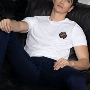 Rare Rabbit Men's Crown Solid White Crew Neck Chest Embroidered Label Branding Slim Fit T-Shirt