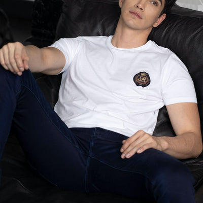 Rare Rabbit Men's Crown Solid White Crew Neck Chest Embroidered Label Branding Slim Fit T-Shirt