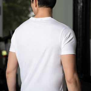 Rare Rabbit Men's Crown Solid White Crew Neck Chest Embroidered Label Branding Slim Fit T-Shirt