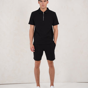 CAPO Textured Black Zip-Up Polo Shirt