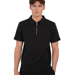 CAPO Textured Black Zip-Up Polo Shirt