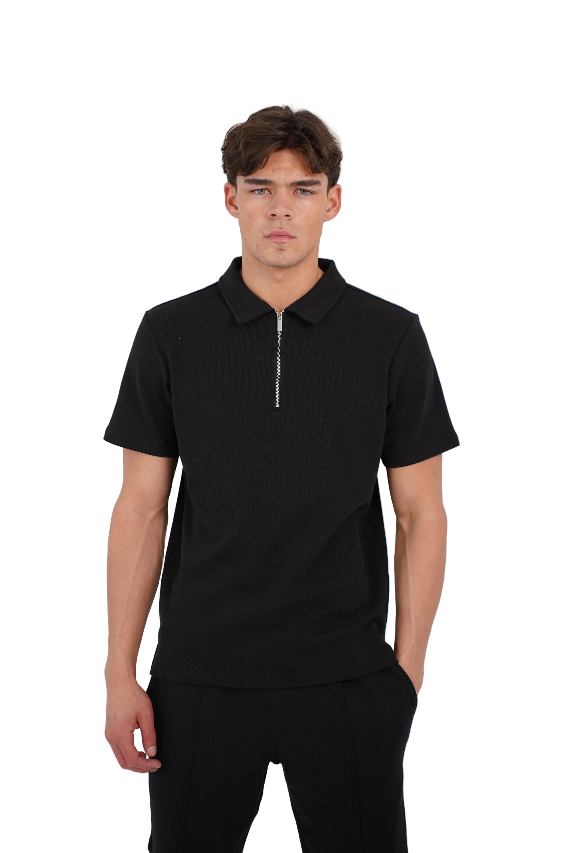 CAPO Textured Black Zip-Up Polo Shirt