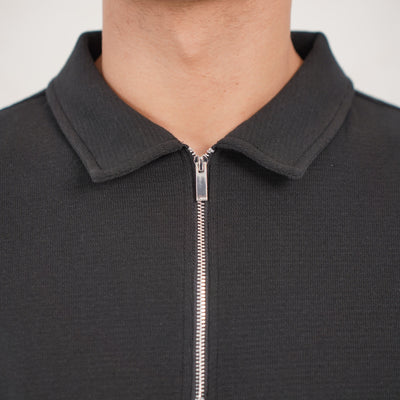 CAPO Textured Black Zip-Up Polo Shirt