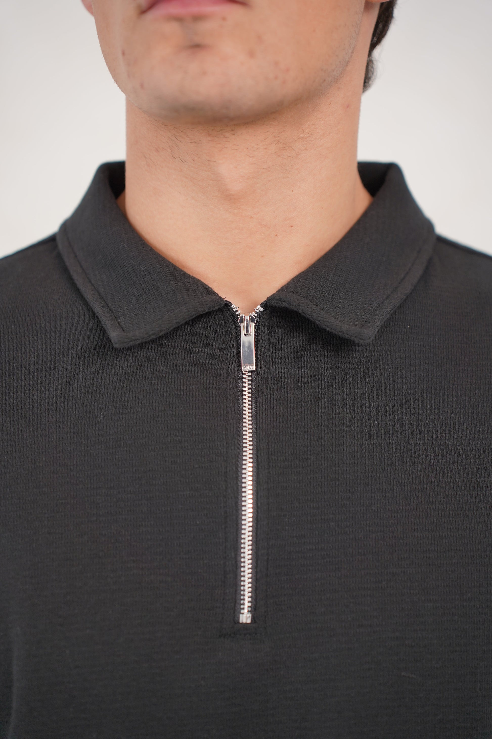 CAPO Textured Black Zip-Up Polo Shirt