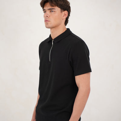 CAPO Textured Black Zip-Up Polo Shirt