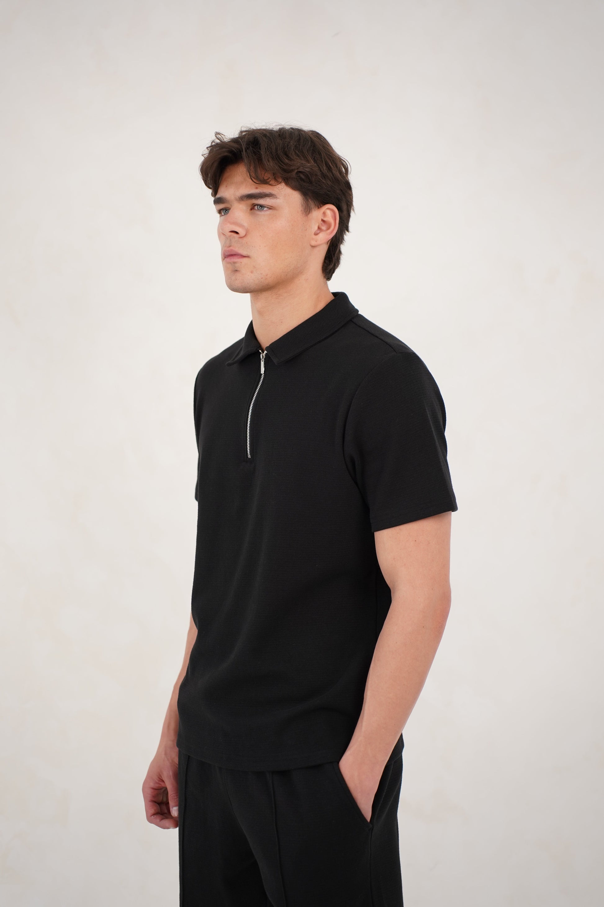 CAPO Textured Black Zip-Up Polo Shirt