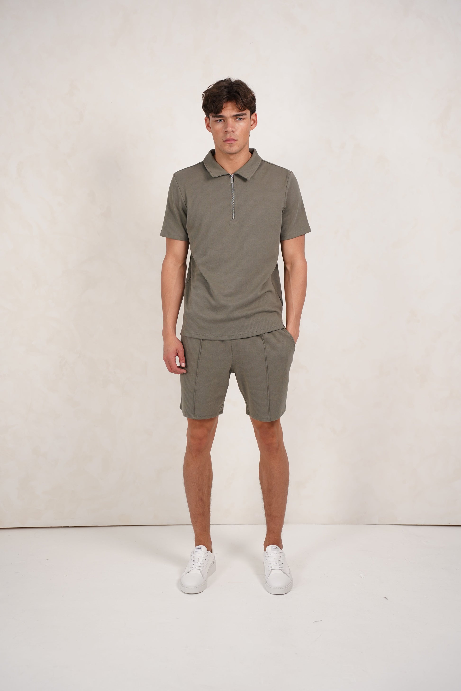 CAPO Textured Light Olive Polo Zip-Up Shirt