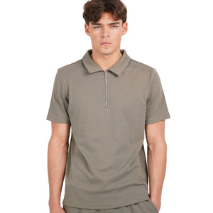 CAPO Textured Light Olive Polo Zip-Up Shirt