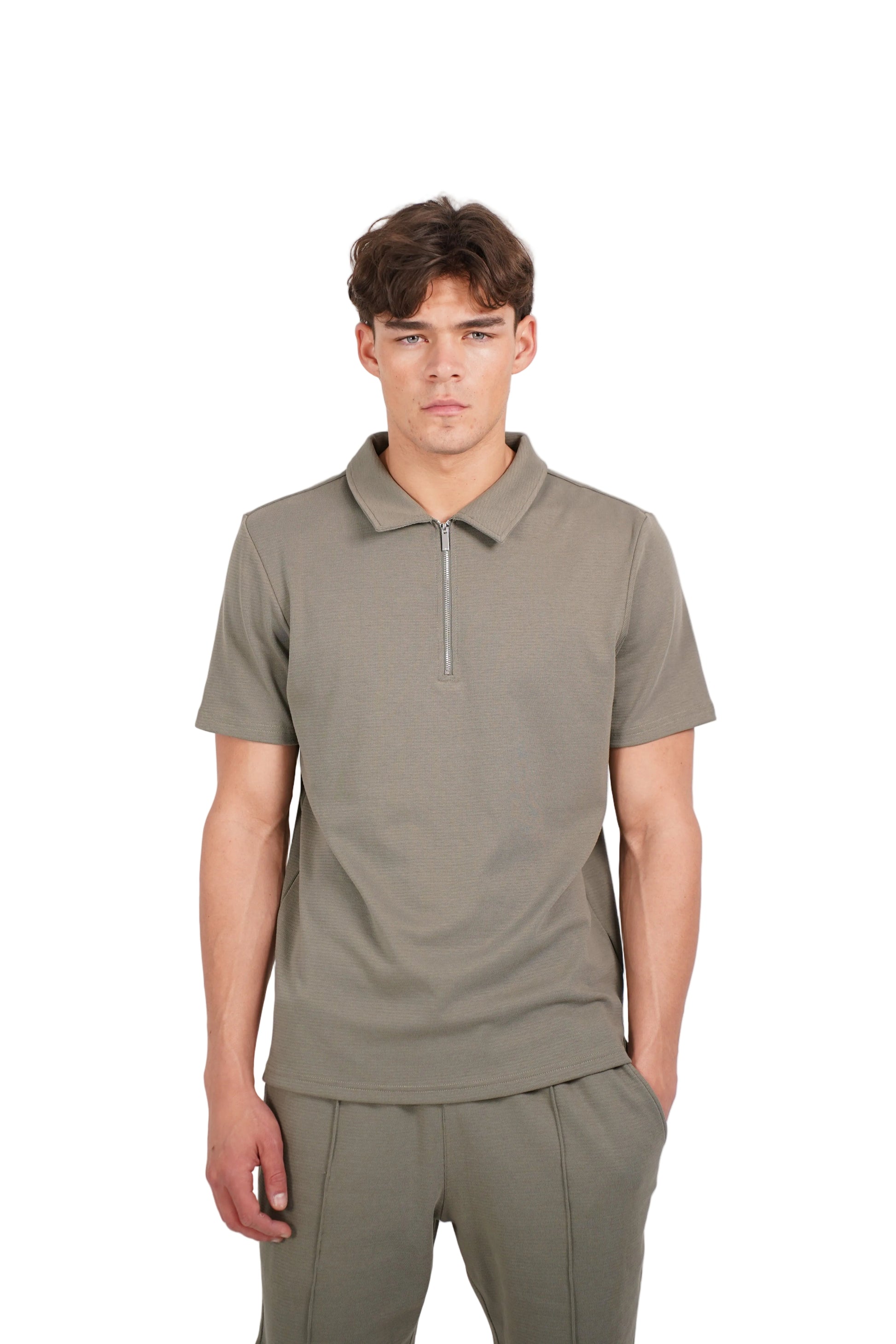 CAPO Textured Light Olive Polo Zip-Up Shirt