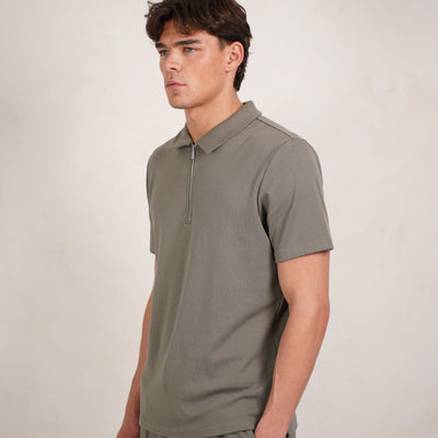 CAPO Textured Light Olive Polo Zip-Up Shirt