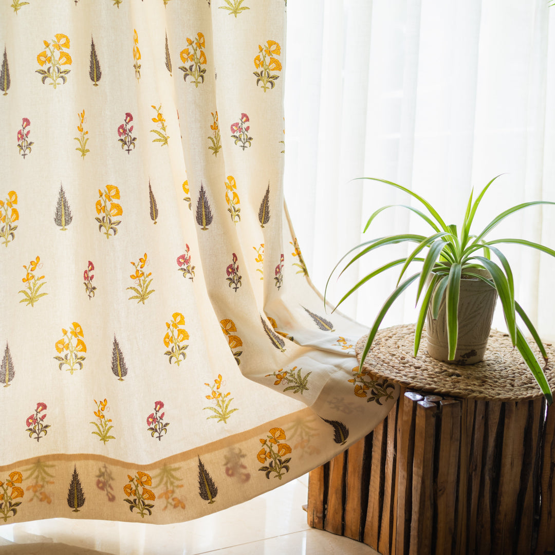 100% Cotton, room darkening ethnic curtains, Pack of 2 Curtains - High Garden Yellow