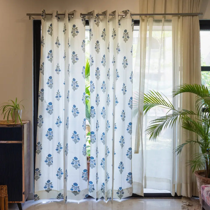 100% Cotton Ethnic Room Darkening Curtains For Living Room, Pack of 2 Curtains - Liberty Blue