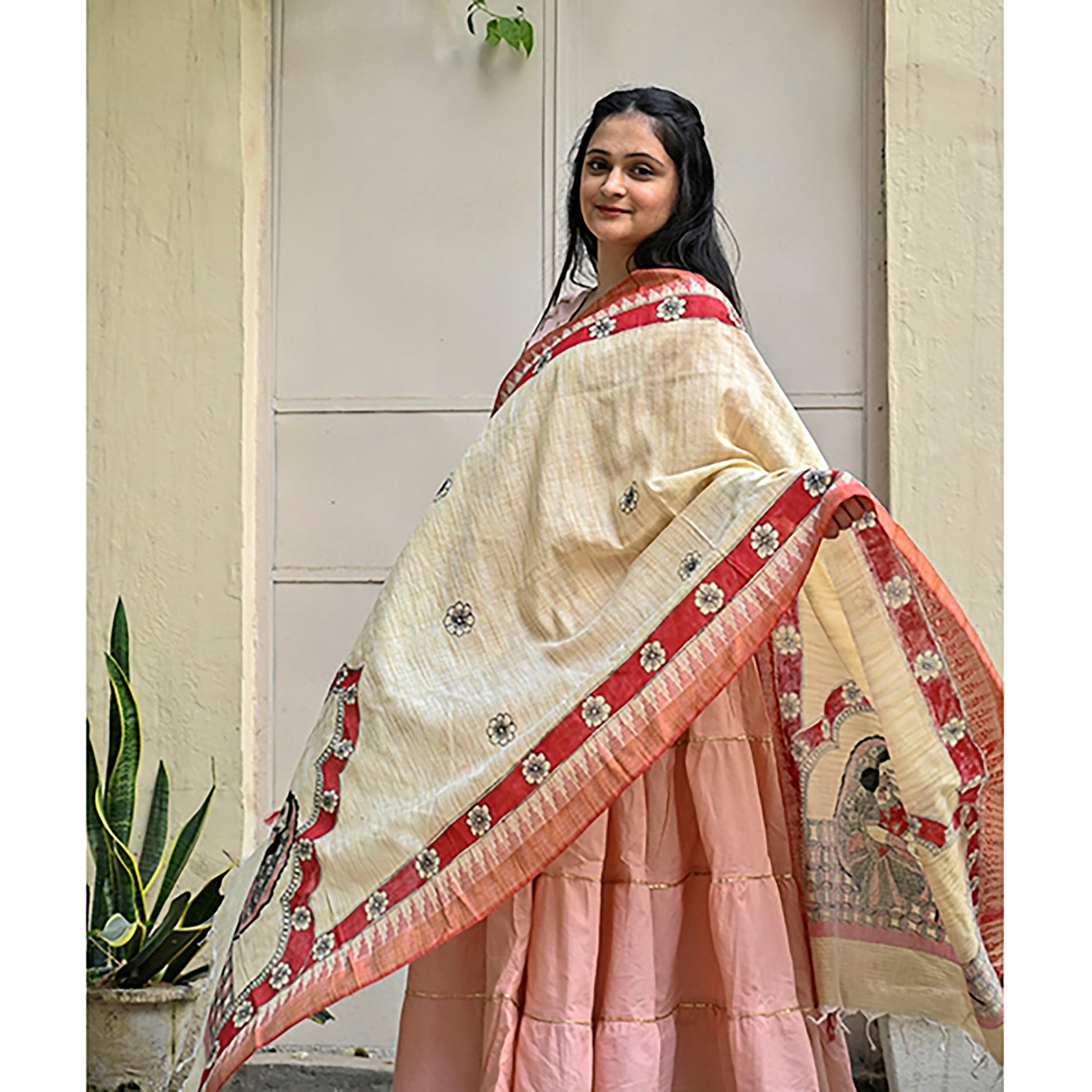 Beige - Madhubani Hand-Painted Makhan Chor Cotton Dupatta