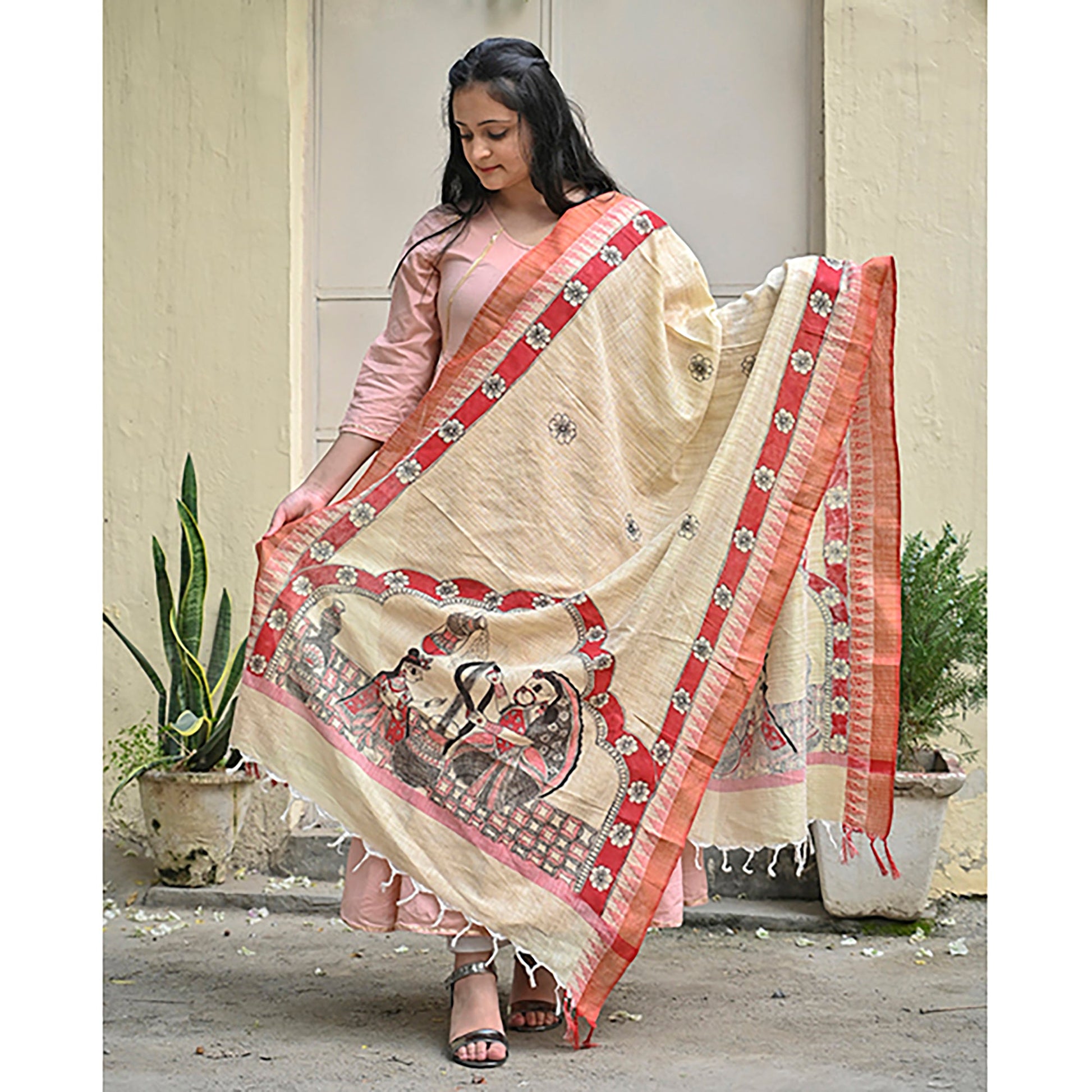 Beige - Madhubani Hand-Painted Makhan Chor Cotton Dupatta