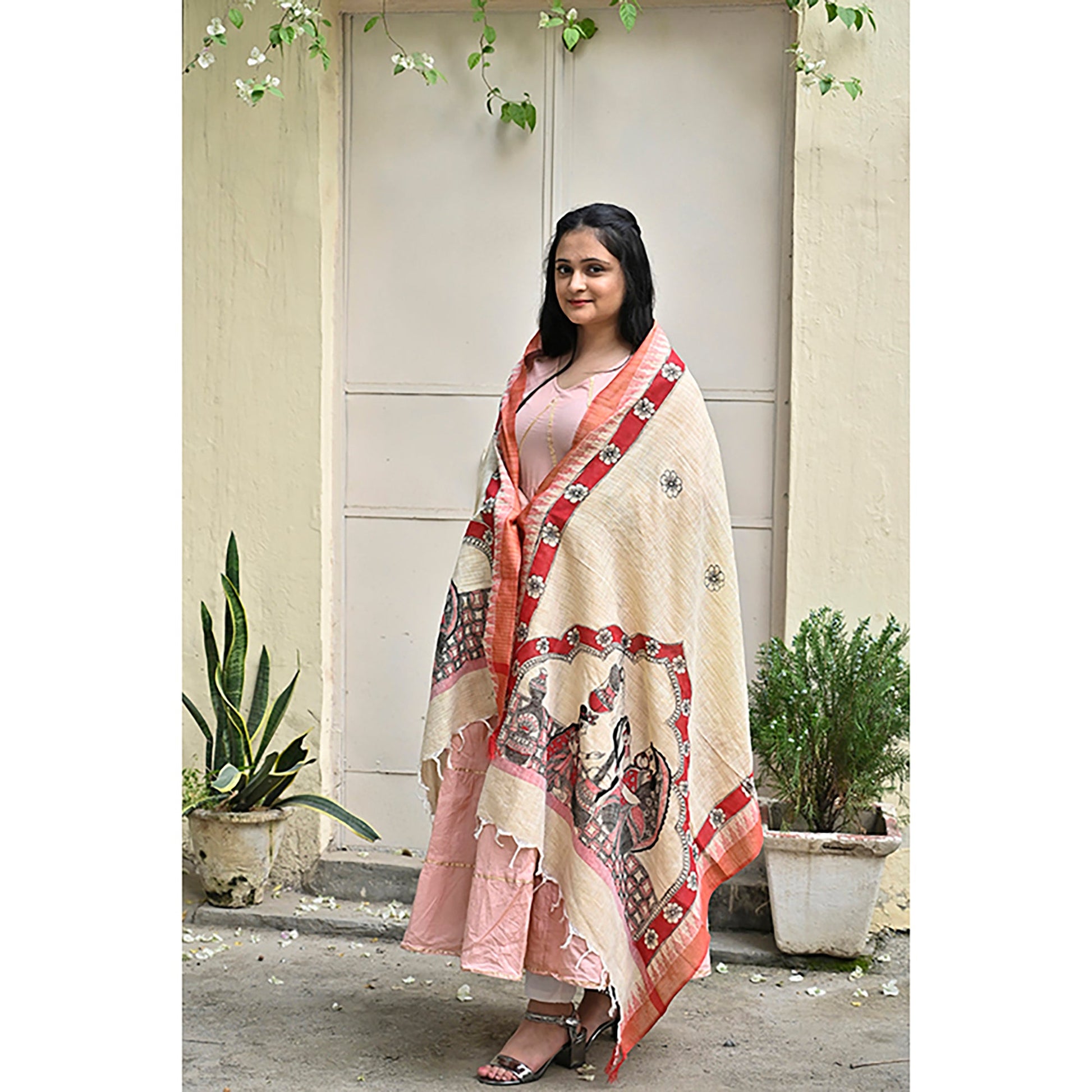 Beige - Madhubani Hand-Painted Makhan Chor Cotton Dupatta