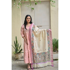 Beige - Madhubani Hand-Painted Cotton Dupatta