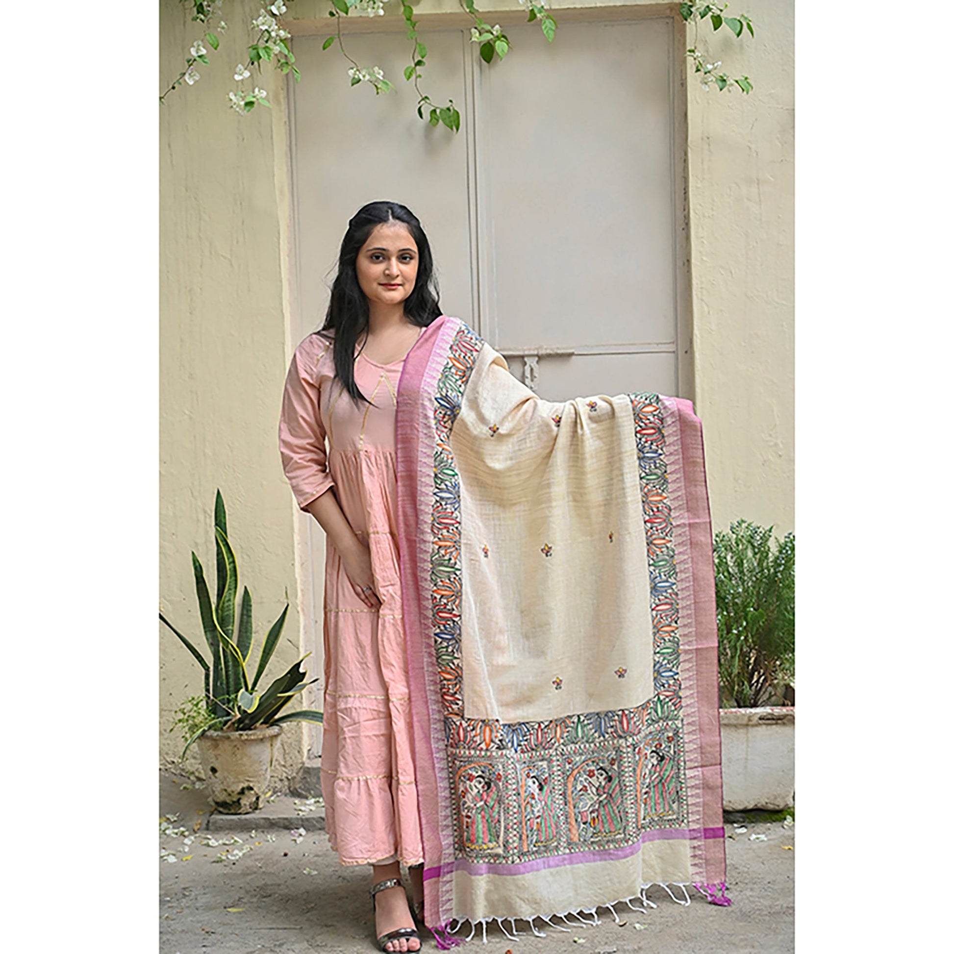 Beige - Madhubani Hand-Painted Cotton Dupatta