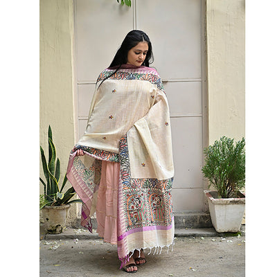 Beige - Madhubani Hand-Painted Cotton Dupatta