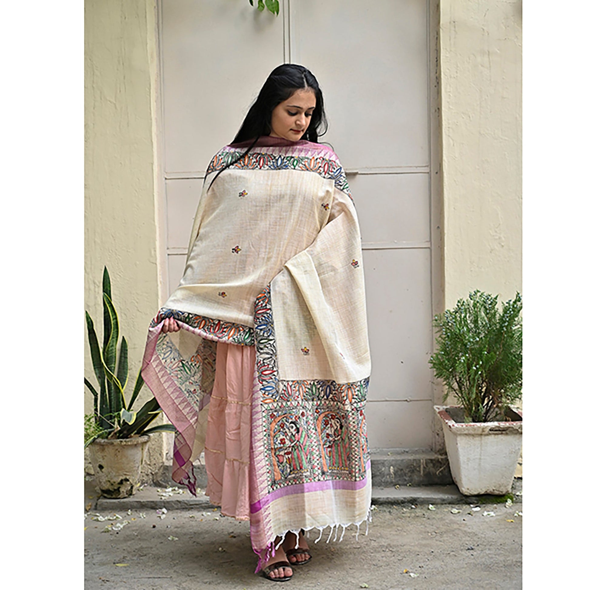 Beige - Madhubani Hand-Painted Cotton Dupatta