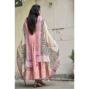 Beige - Madhubani Hand-Painted Cotton Dupatta