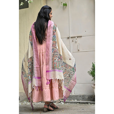 Beige - Madhubani Hand-Painted Cotton Dupatta