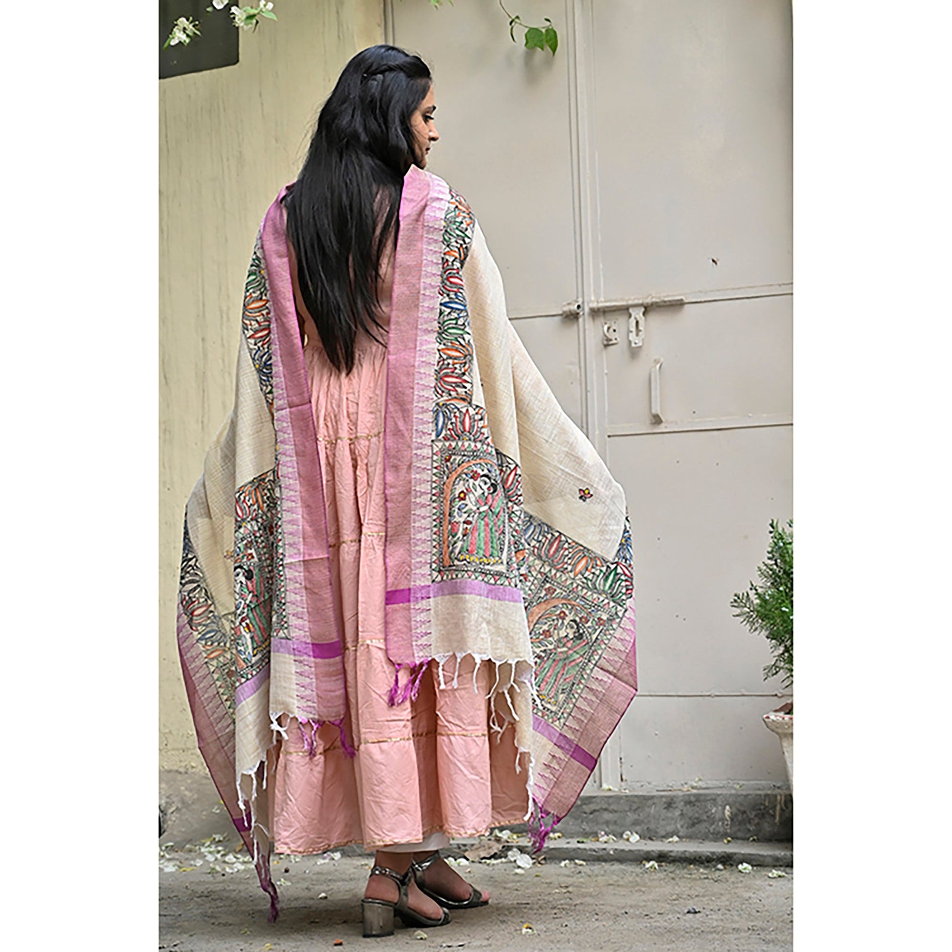Beige - Madhubani Hand-Painted Cotton Dupatta