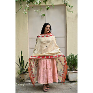 Beige - Madhubani Hand-Painted Makhan Chor Cotton Dupatta