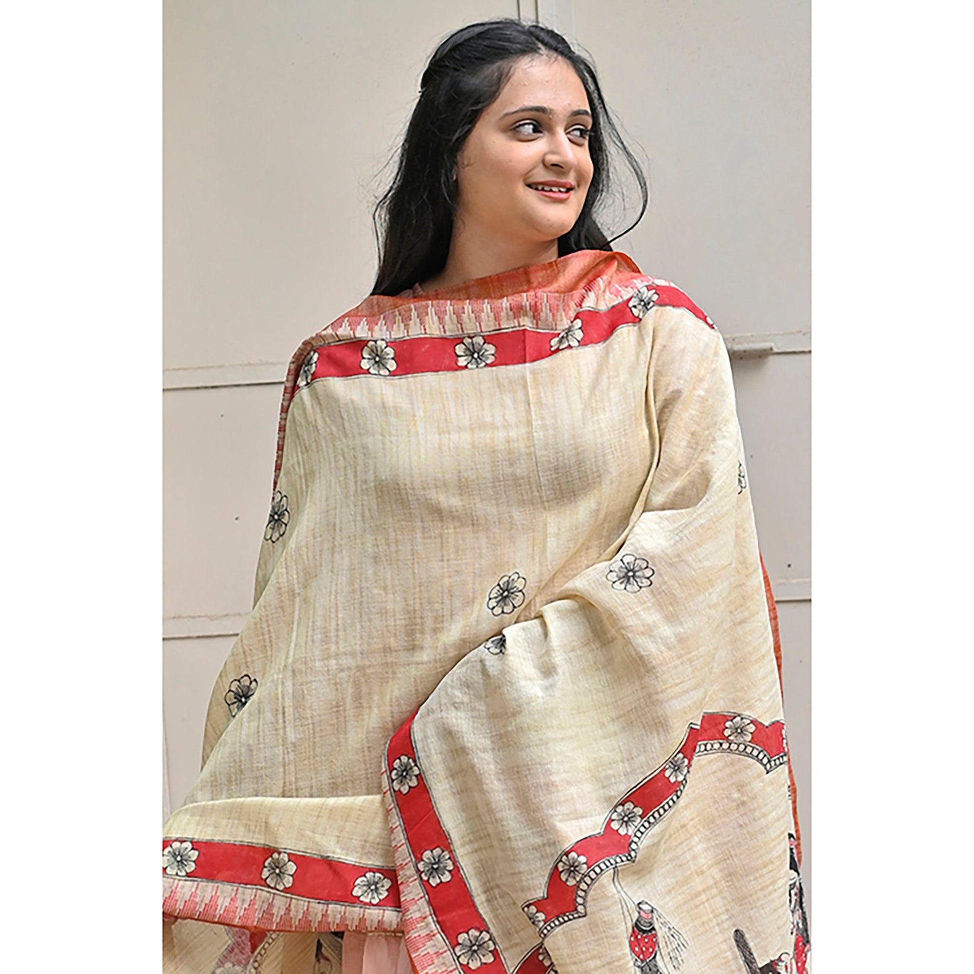 Beige - Madhubani Hand-Painted Makhan Chor Cotton Dupatta