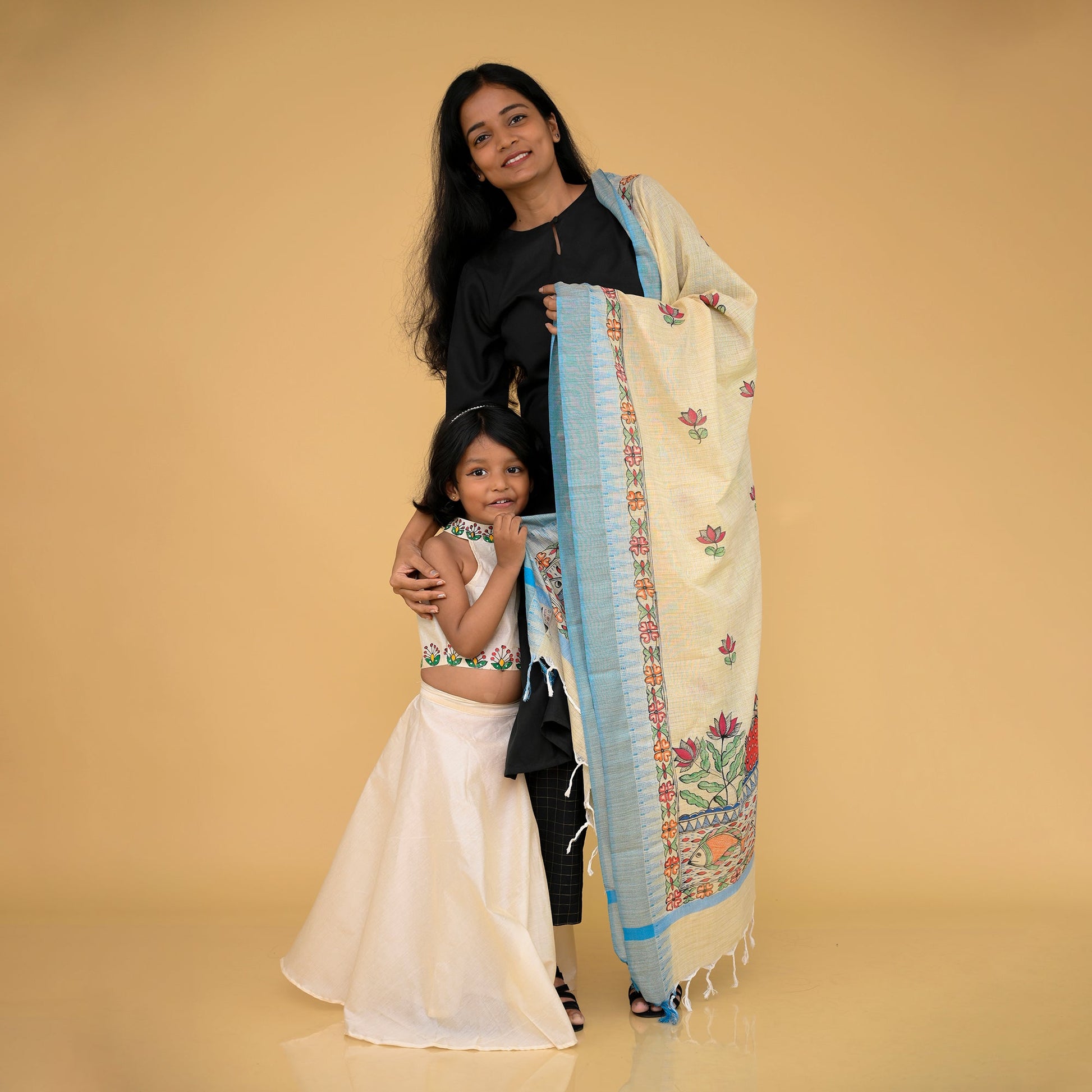 Beige - Handpainted "Serene" Madhubani Cotton Dupatta
