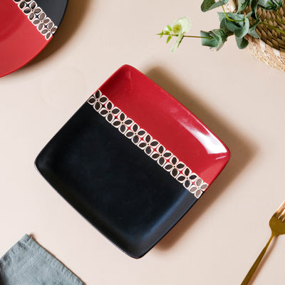 Carmine Red and Black Square Plate 8 Inch