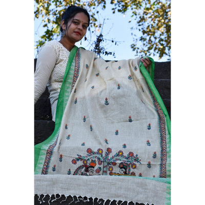 Beige - Madhubani Hand-Painted Cotton Dupatta