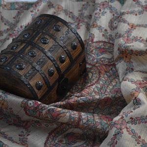 Brown - Madhubani Hand-Painted Natural Tussar Silk Dupatta