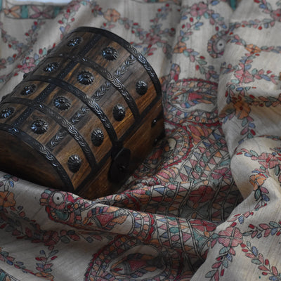 Brown - Madhubani Hand-Painted Natural Tussar Silk Dupatta