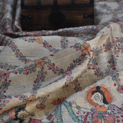 Brown - Madhubani Hand-Painted Natural Tussar Silk Dupatta