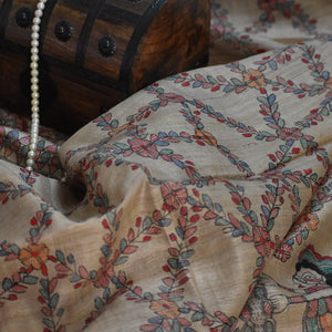 Brown - Madhubani Hand-Painted Natural Tussar Silk Dupatta