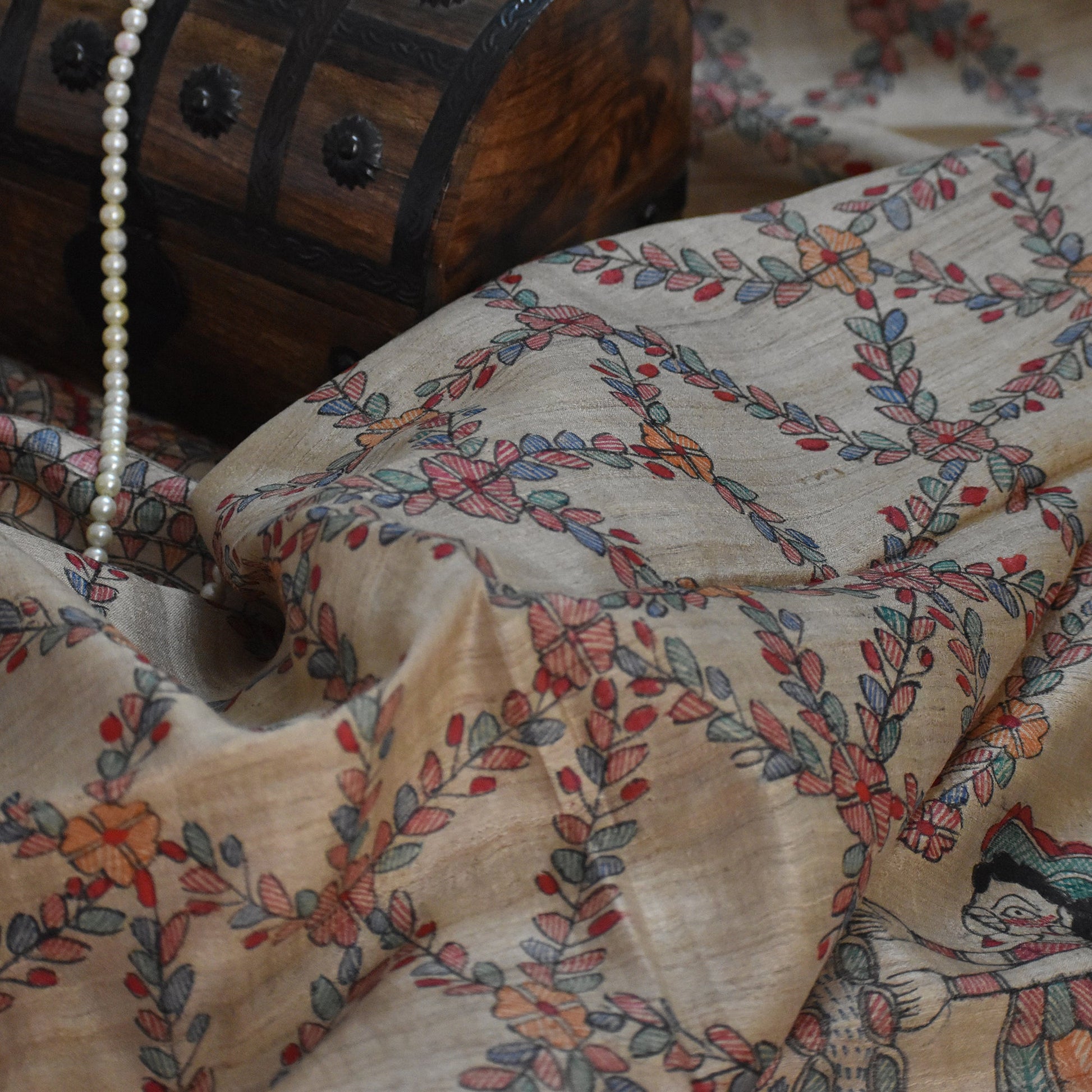 Brown - Madhubani Hand-Painted Natural Tussar Silk Dupatta