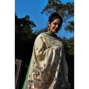 Beige - Madhubani Hand-Painted Cotton Dupatta