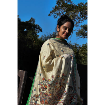 Beige - Madhubani Hand-Painted Cotton Dupatta